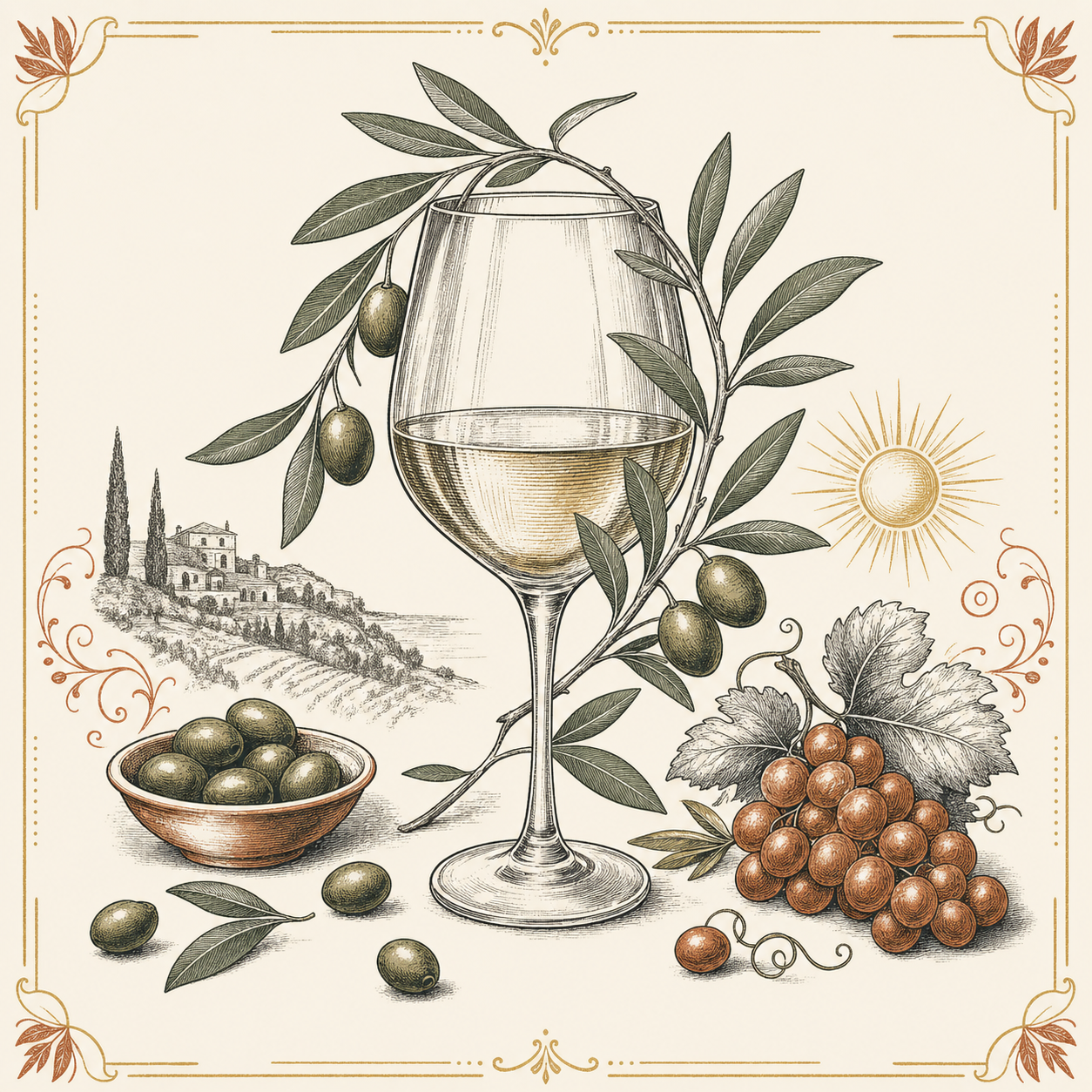 Wine glass with olive branch and grapes illustration